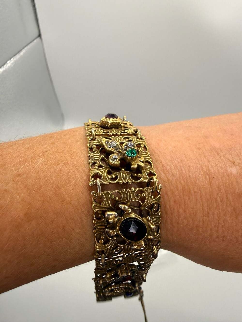 Vintage Ornate Filigree Multi Stone Bracelet 7 Inch